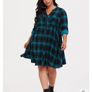Torrid Teal Plaid Challis Shirt Dress 1 1X 14 16